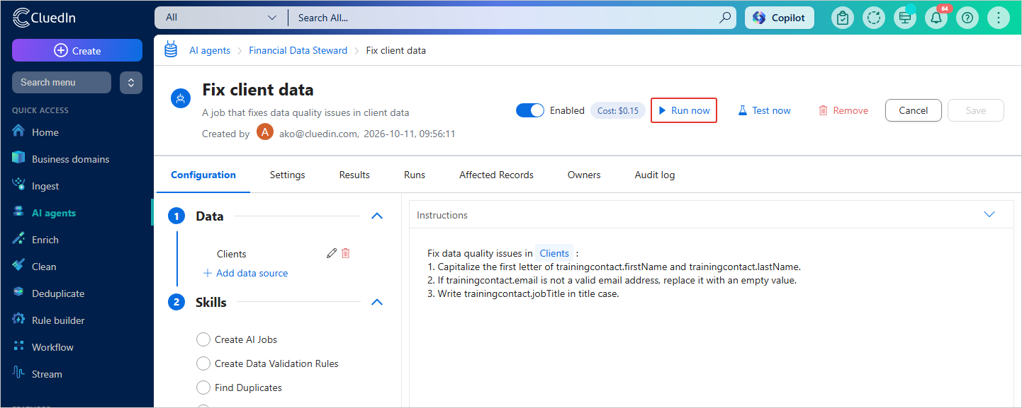 The enabled AI agent job page with the Run now button highlighted